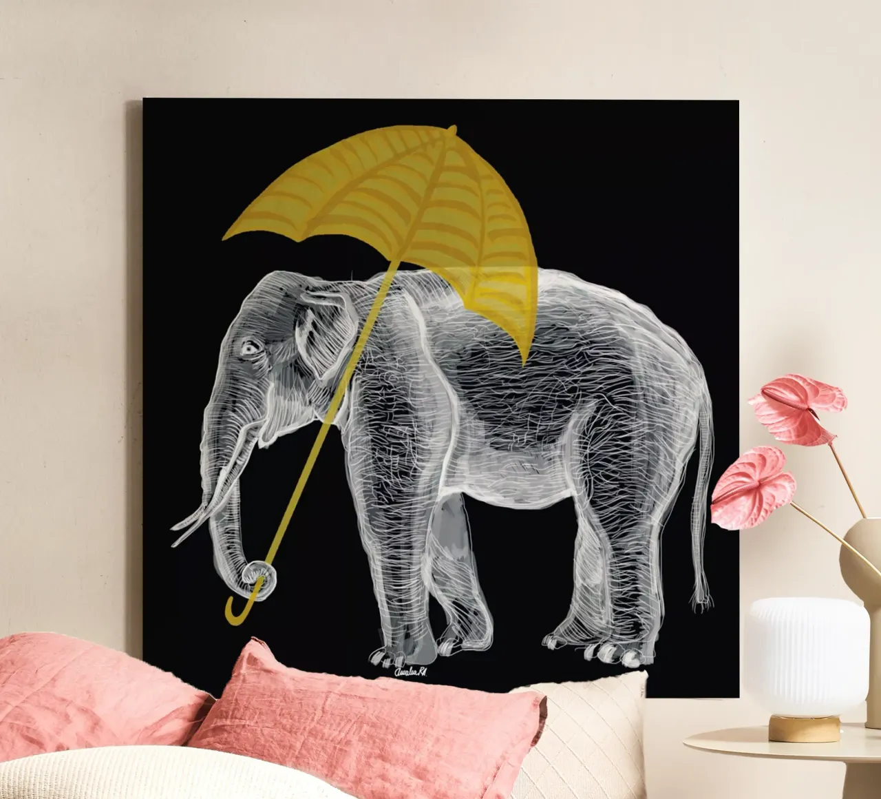 Elephant with Umbrella canvas by Amalia Restrepo