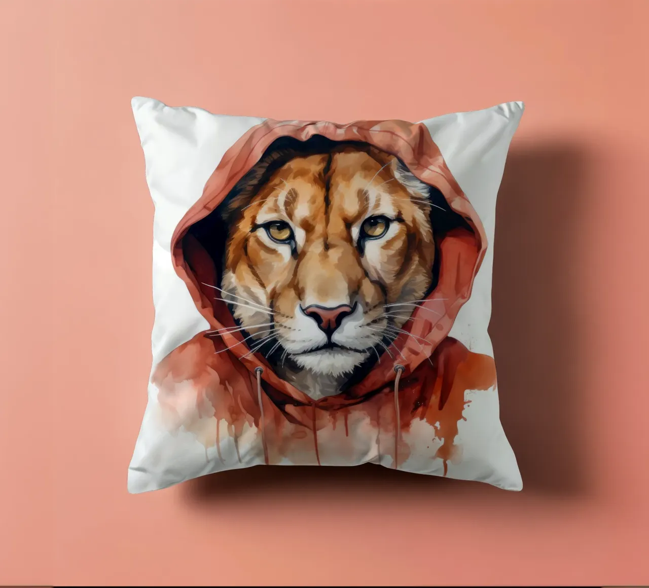 Acquerello Cartoon Cougar in felpa con cappuccio cuscino da Animal Portraits
