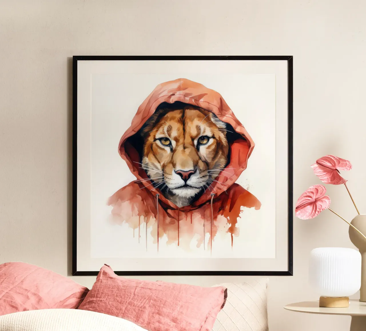 Acquerello Cartoon Cougar in felpa con cappuccio carta hahnemühle da Animal Portraits