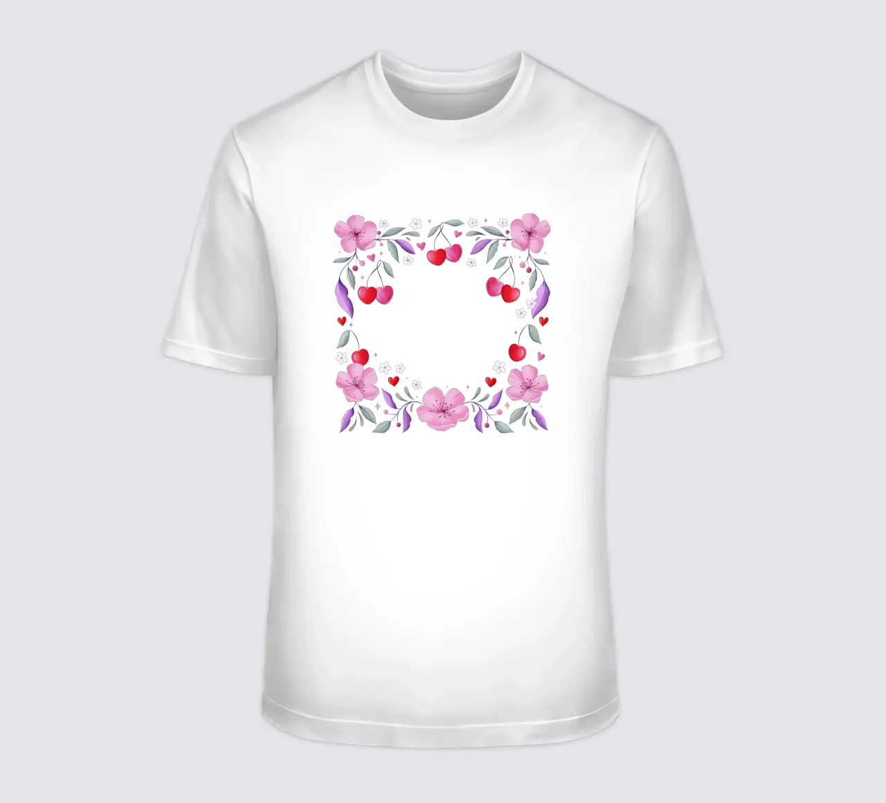 Ghirlanda floreale di fiori di ciliegio e cuori per un testo personalizzato t-shirt da CalliLetters