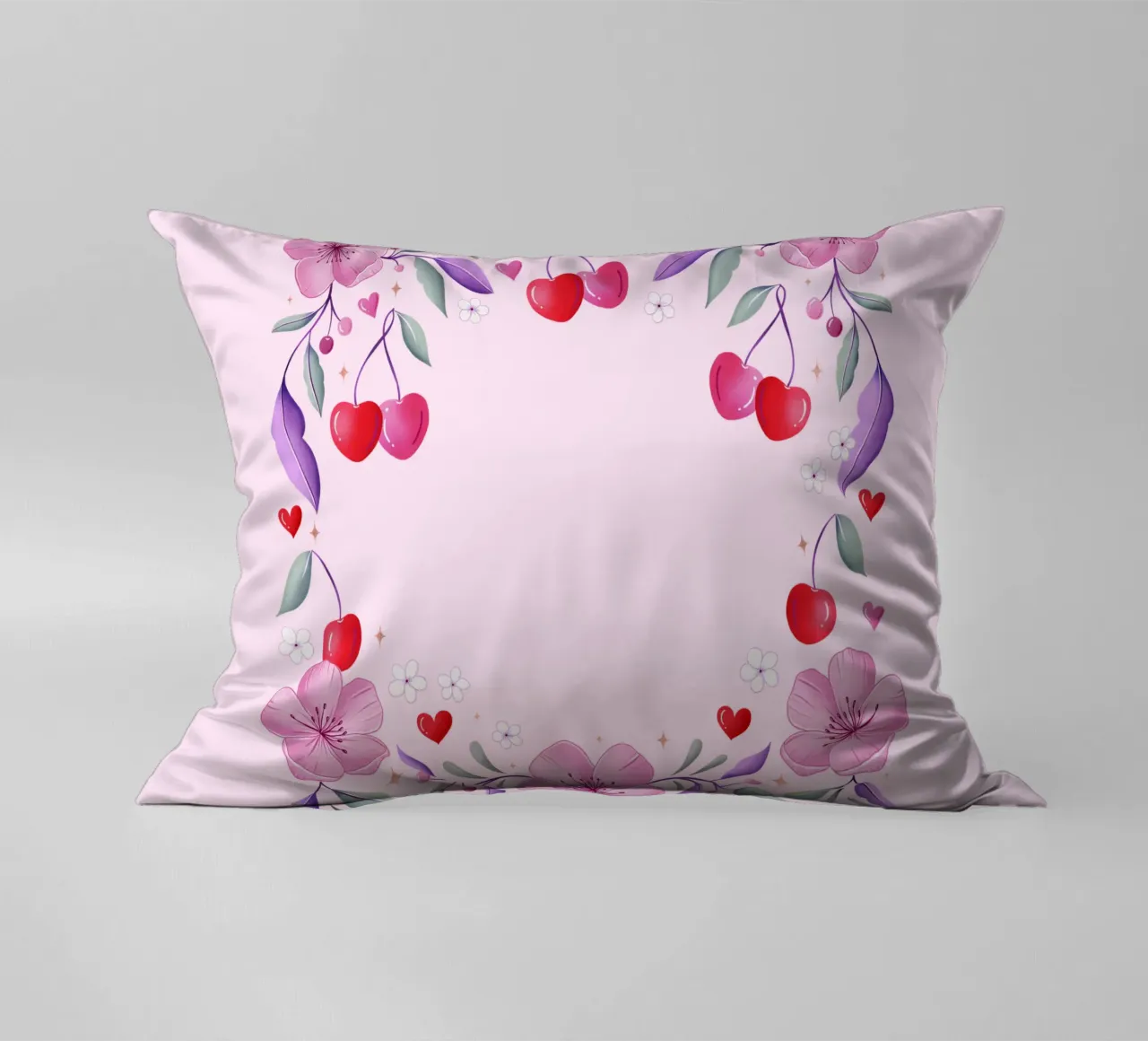 Ghirlanda floreale di fiori di ciliegio e cuori per un testo personalizzato cuscino da CalliLetters