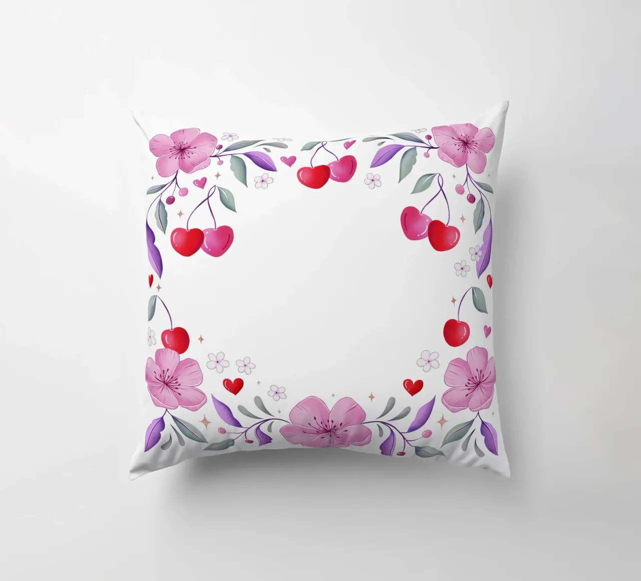 Ghirlanda floreale di fiori di ciliegio e cuori per un testo personalizzato cuscino da CalliLetters