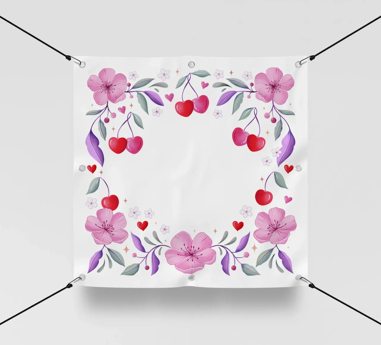 Ghirlanda floreale di fiori di ciliegio e cuori per un testo personalizzato telo in pvc da CalliLetters