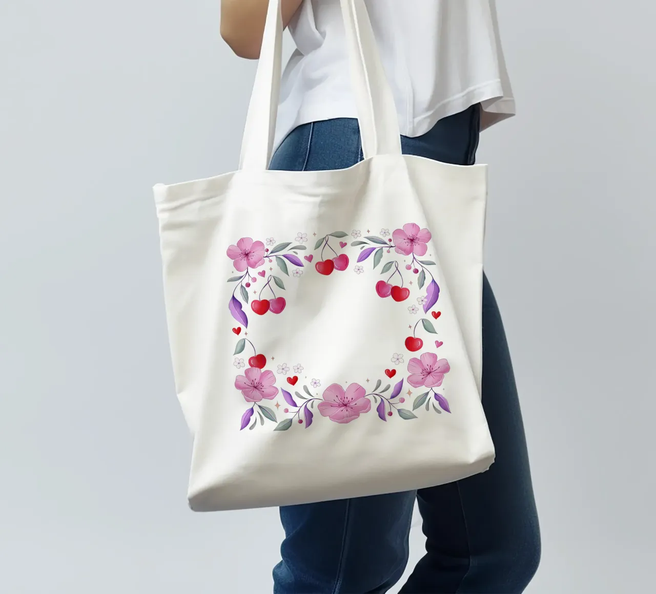 Ghirlanda floreale di fiori di ciliegio e cuori per un testo personalizzato borsa in juta da CalliLetters