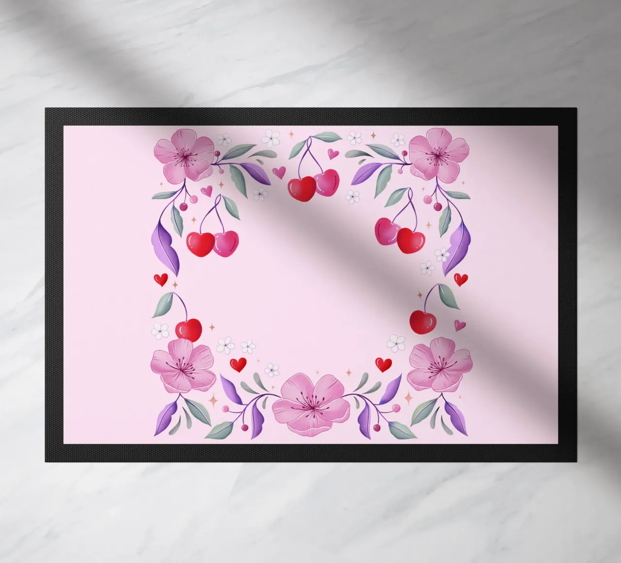 Ghirlanda floreale di fiori di ciliegio e cuori per un testo personalizzato zerbino da CalliLetters