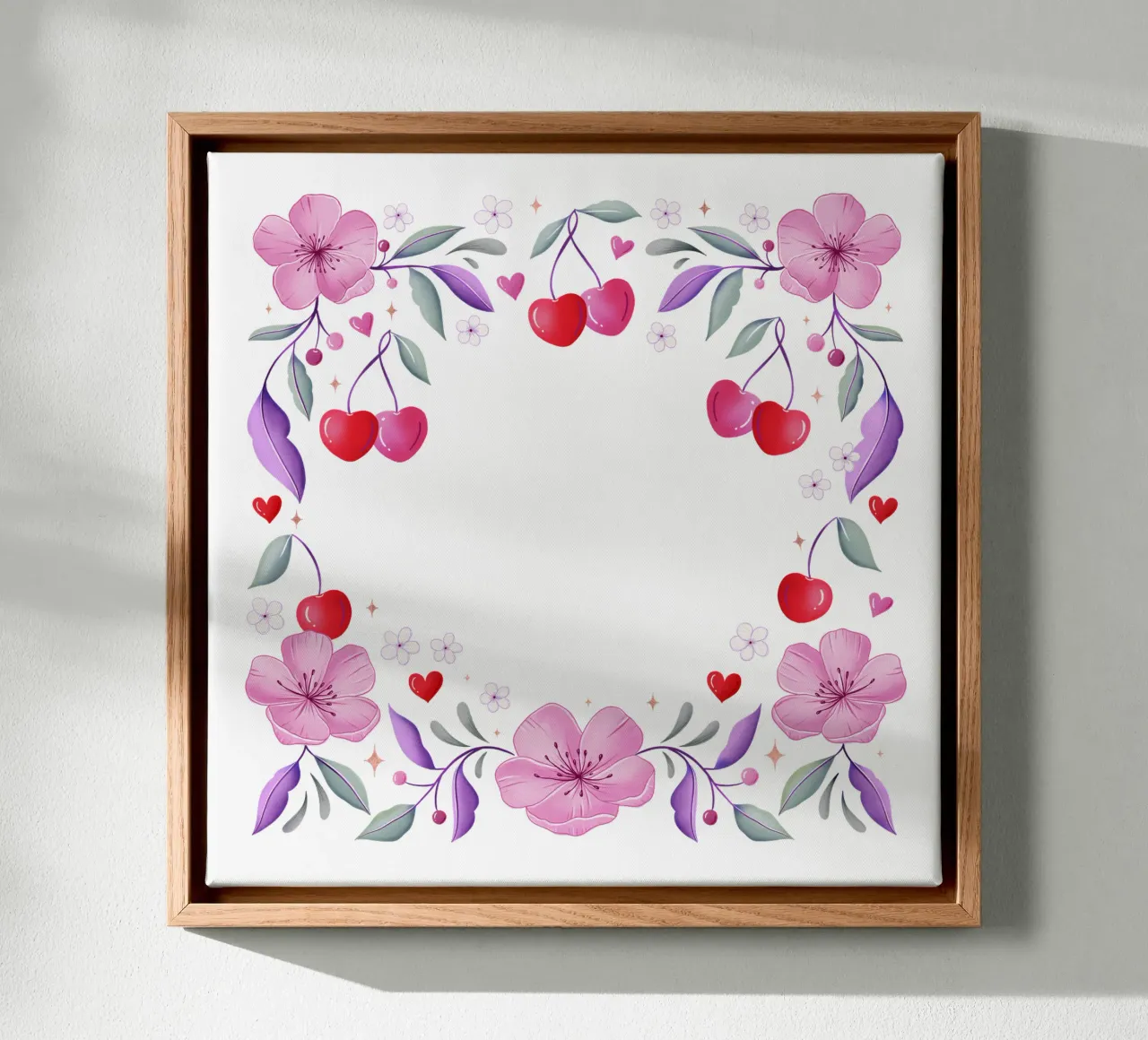 Ghirlanda floreale di fiori di ciliegio e cuori per un testo personalizzato tela con Cornice a cassetta da CalliLetters