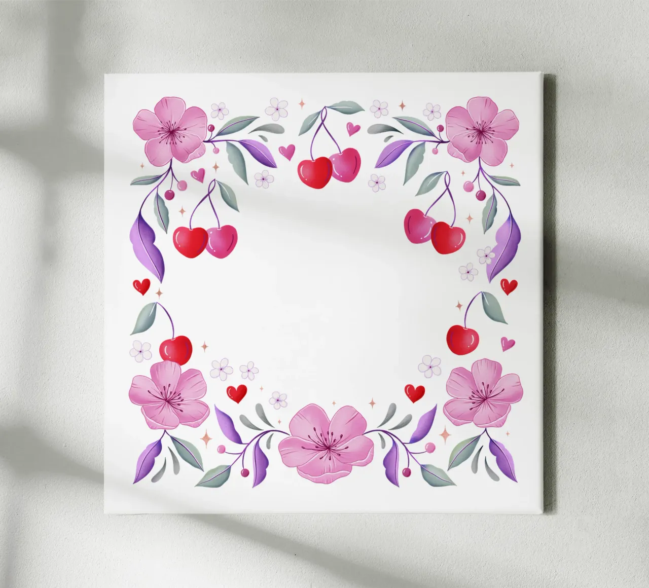 Ghirlanda floreale di fiori di ciliegio e cuori per un testo personalizzato tela con Cornice a cassetta da CalliLetters