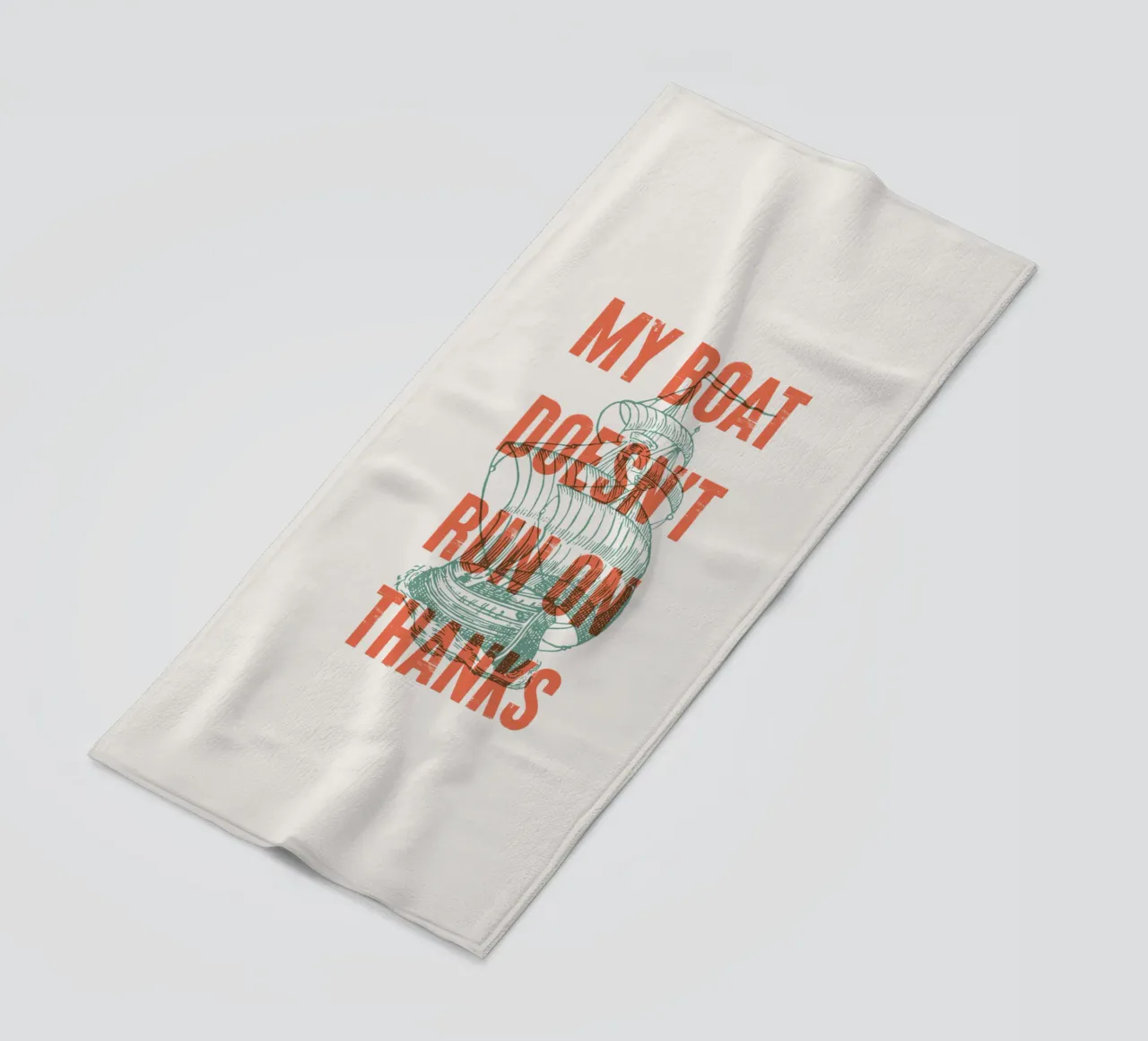 My boat doesn't run on thanks! beach towel by Vintagrafica