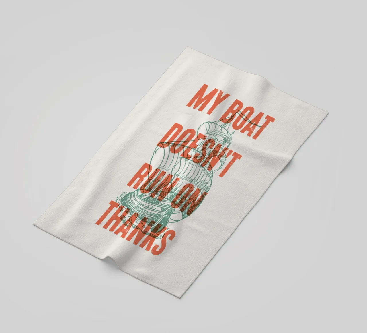 My boat doesn't run on thanks! beach towel by Vintagrafica