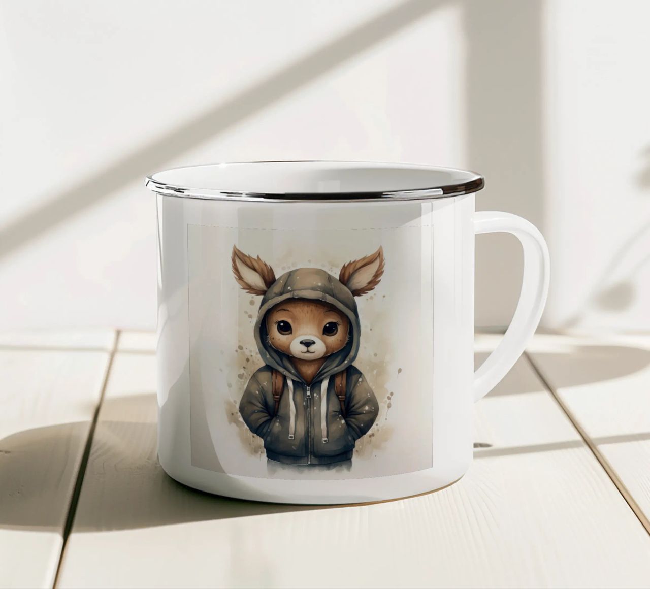 Acquerello Cartoon Cervo in felpa con cappuccio tazza in smalto da Animal Portraits