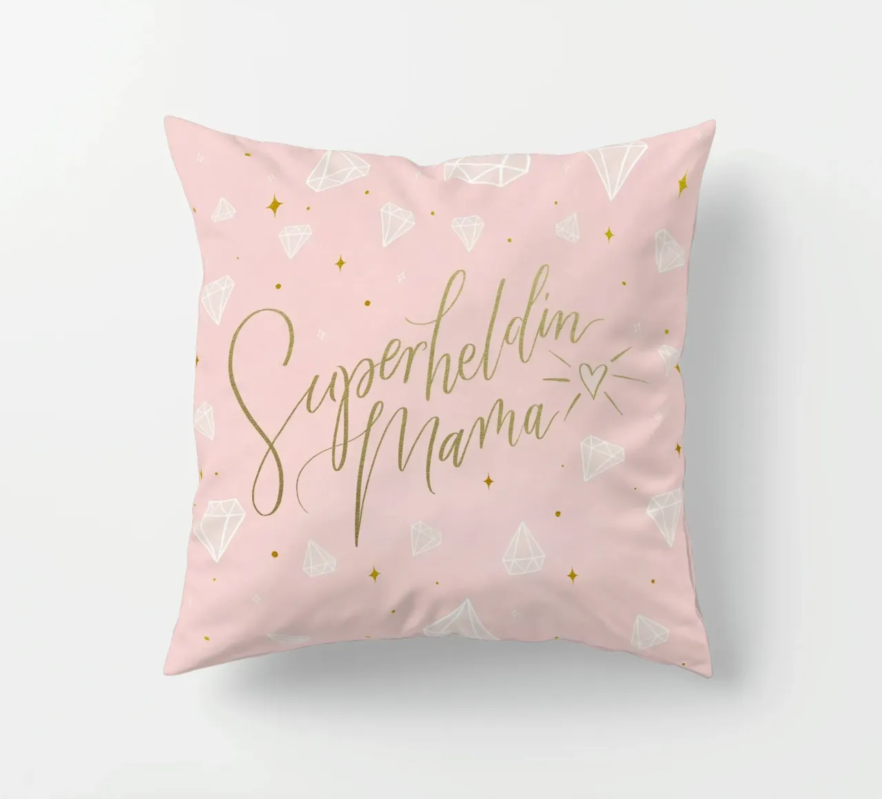 Mamma supereroe. Calligrafia a pennello con texture e cuore in oro cuscino da CalliLetters