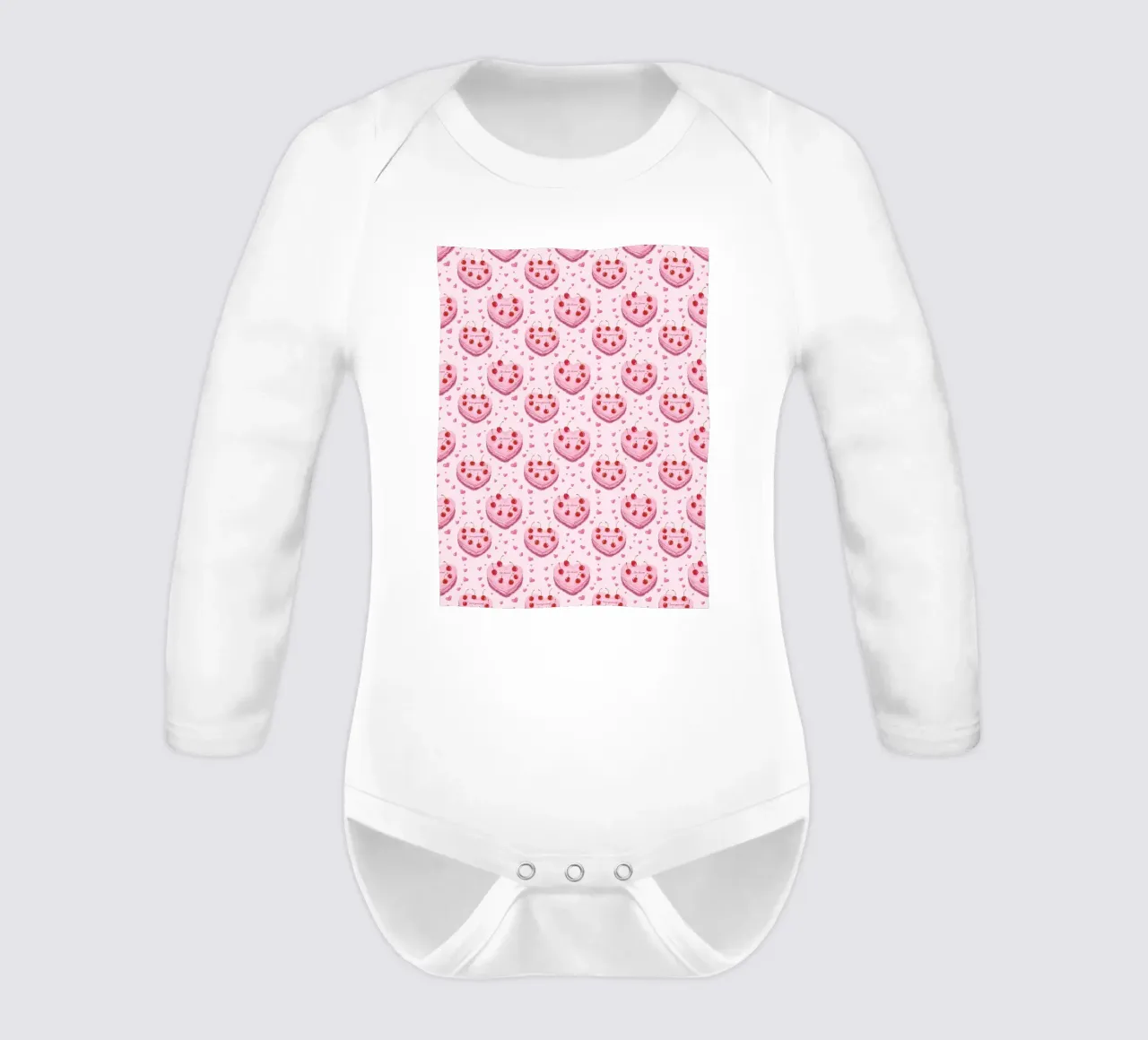 Pink Heart Shaped Cakes Cherries Love Romantic Valentines long-sleeve baby romper by Gentle Echoes Art