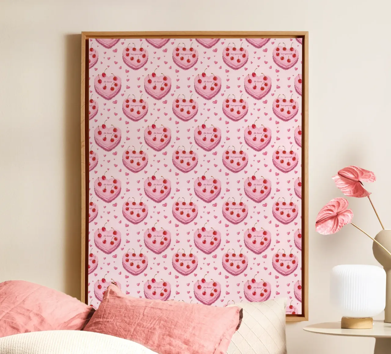 Pink Heart Shaped Cakes Cherries Love Romantic Valentines canvas by Gentle Echoes Art