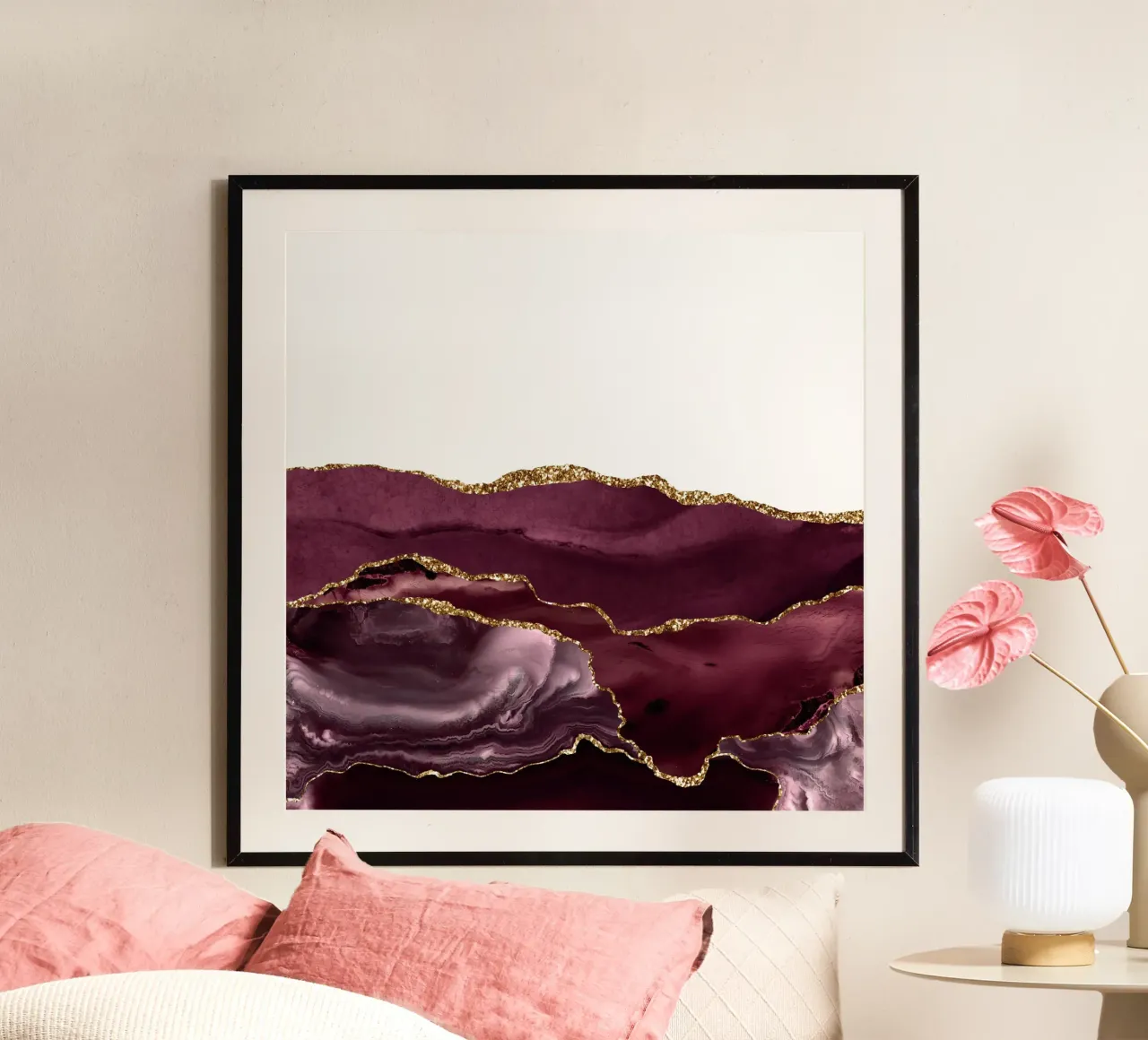Texture agata bordeaux e oro 25 poster con telaio in alluminio da Gemstone Textures