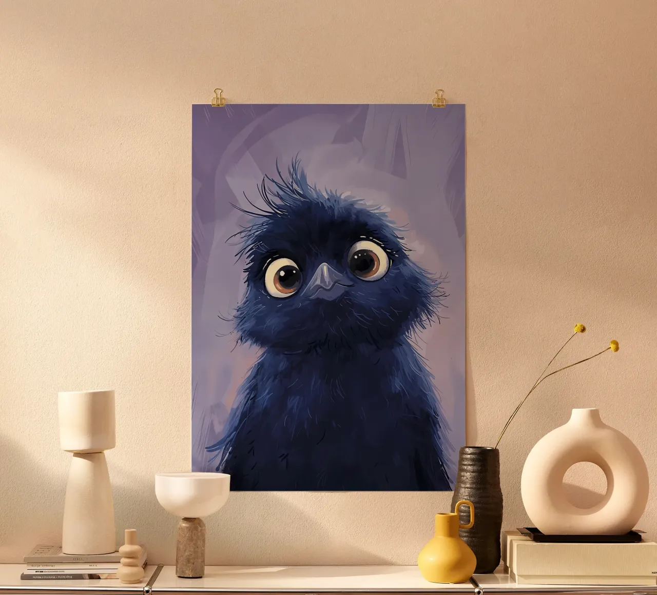 Uccello blu soffice poster con telaio in legno da Manh beo