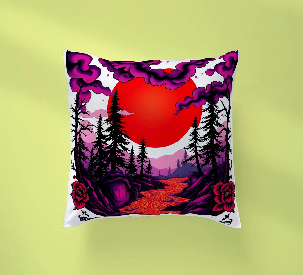 Crepuscolo cremisi: Paesaggio enigmatico cuscino da Artistic-shop
