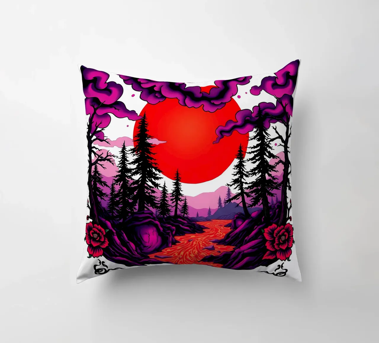 Crepuscolo cremisi: Paesaggio enigmatico cuscino da Artistic-shop