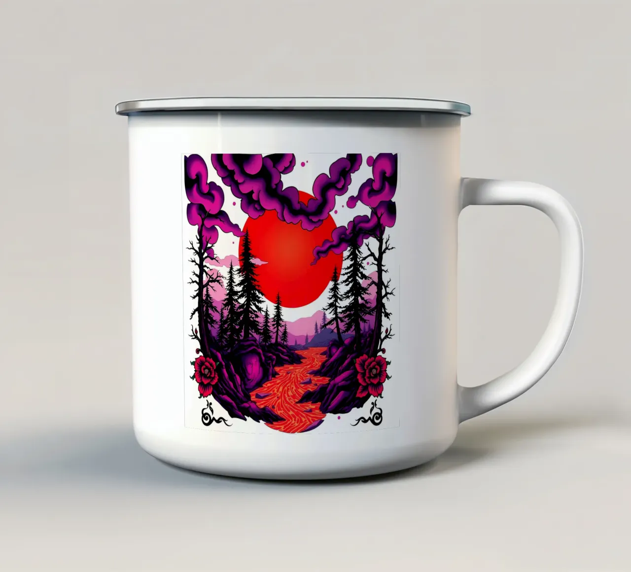 Crepuscolo cremisi: Paesaggio enigmatico tazza in smalto da Artistic-shop