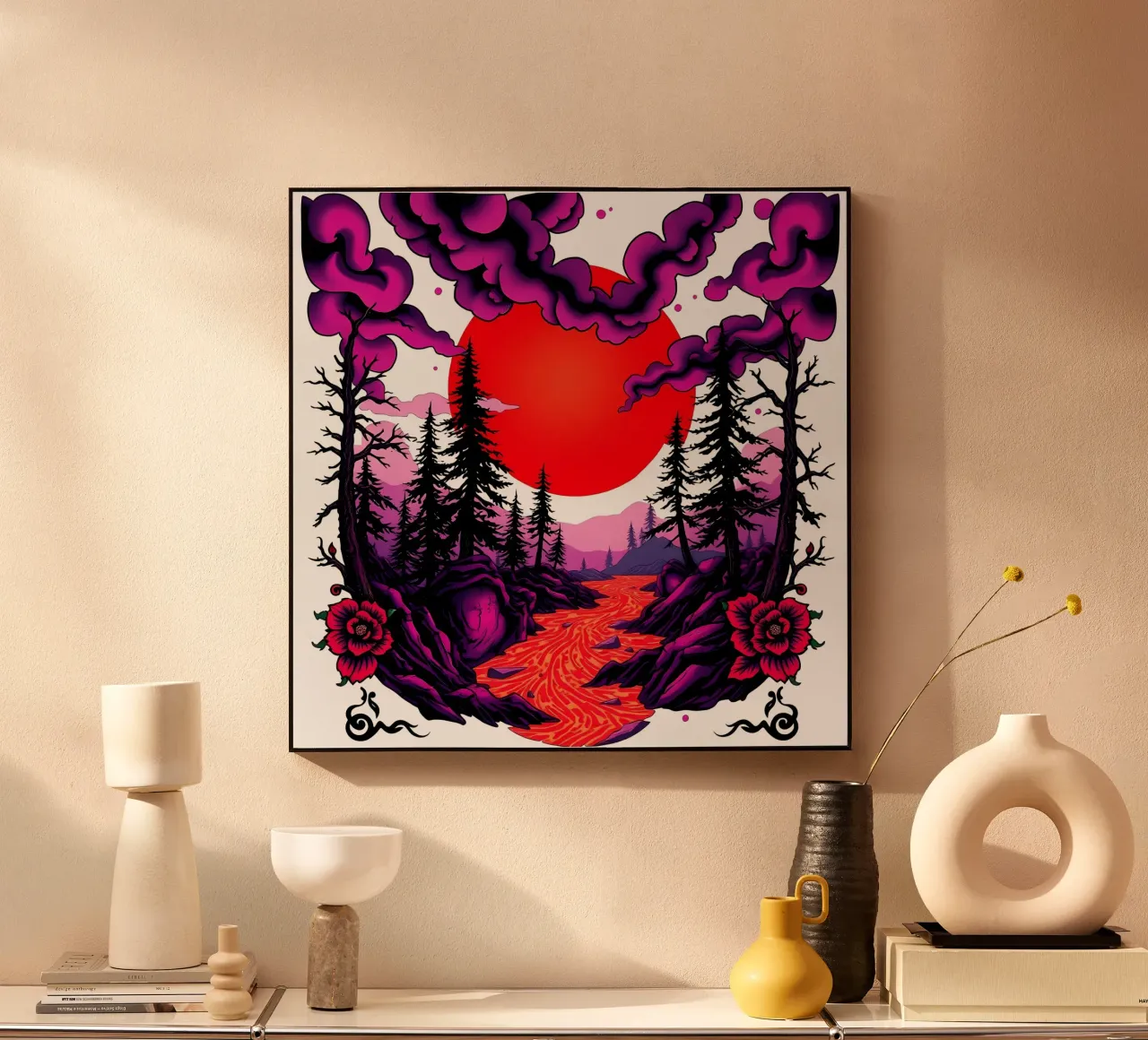 Crepuscolo cremisi: Paesaggio enigmatico alluminio dibond da Artistic-shop