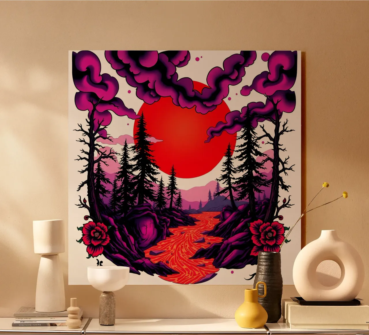 Crepuscolo cremisi: Paesaggio enigmatico alluminio dibond da Artistic-shop