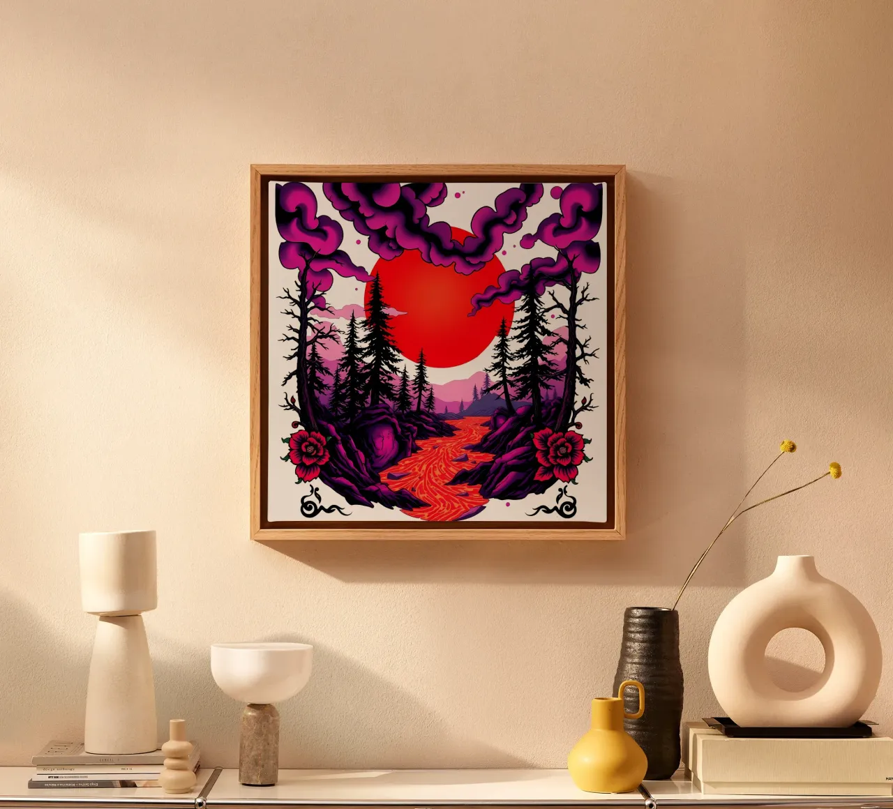 Karmesinrote Abenddämmerung: Rätselhafte Landschaft Leinwand mit Schattenfugenrahmen von Artistic-shop