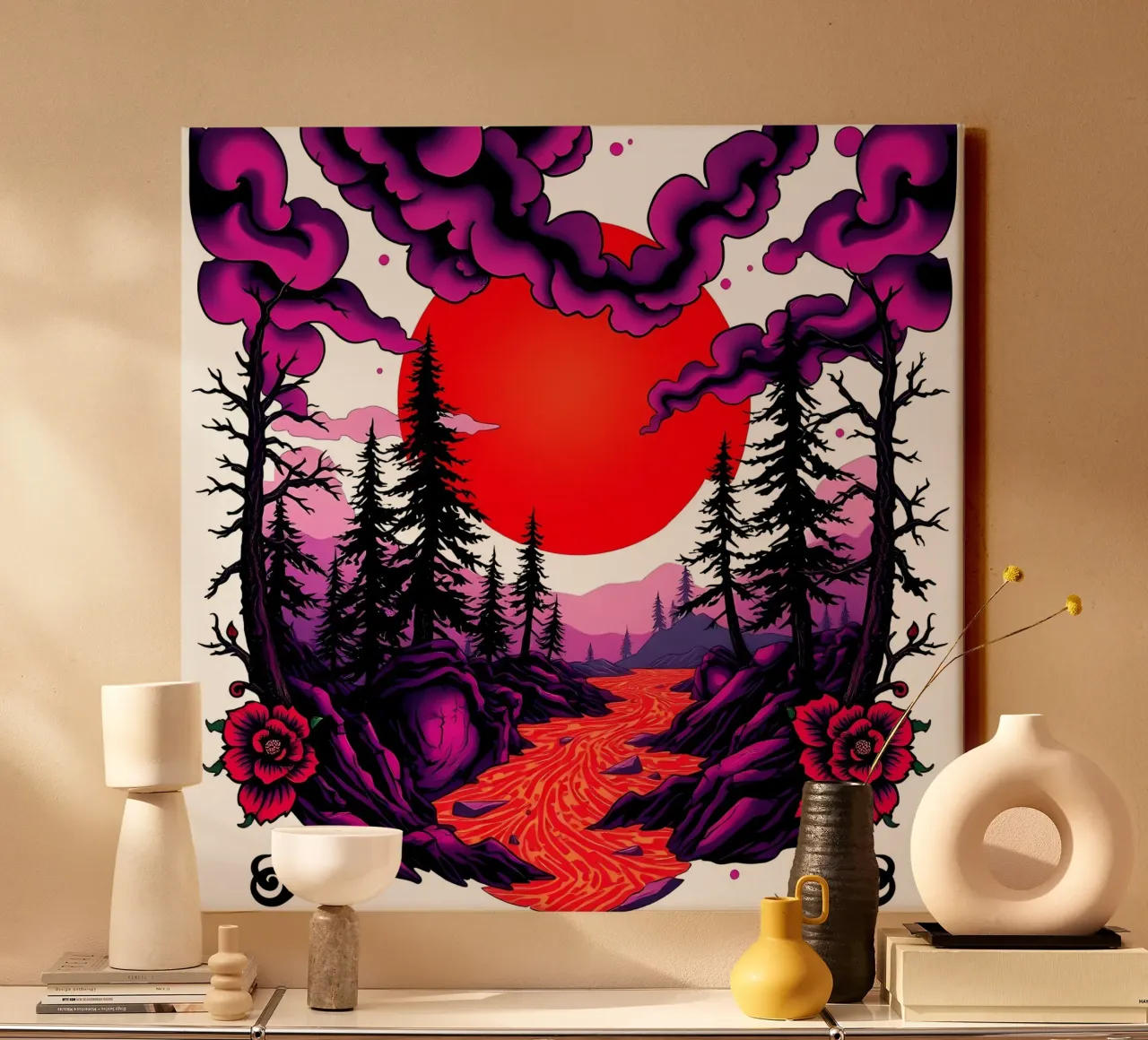 Karmesinrote Abenddämmerung: Rätselhafte Landschaft Leinwand mit Schattenfugenrahmen von Artistic-shop