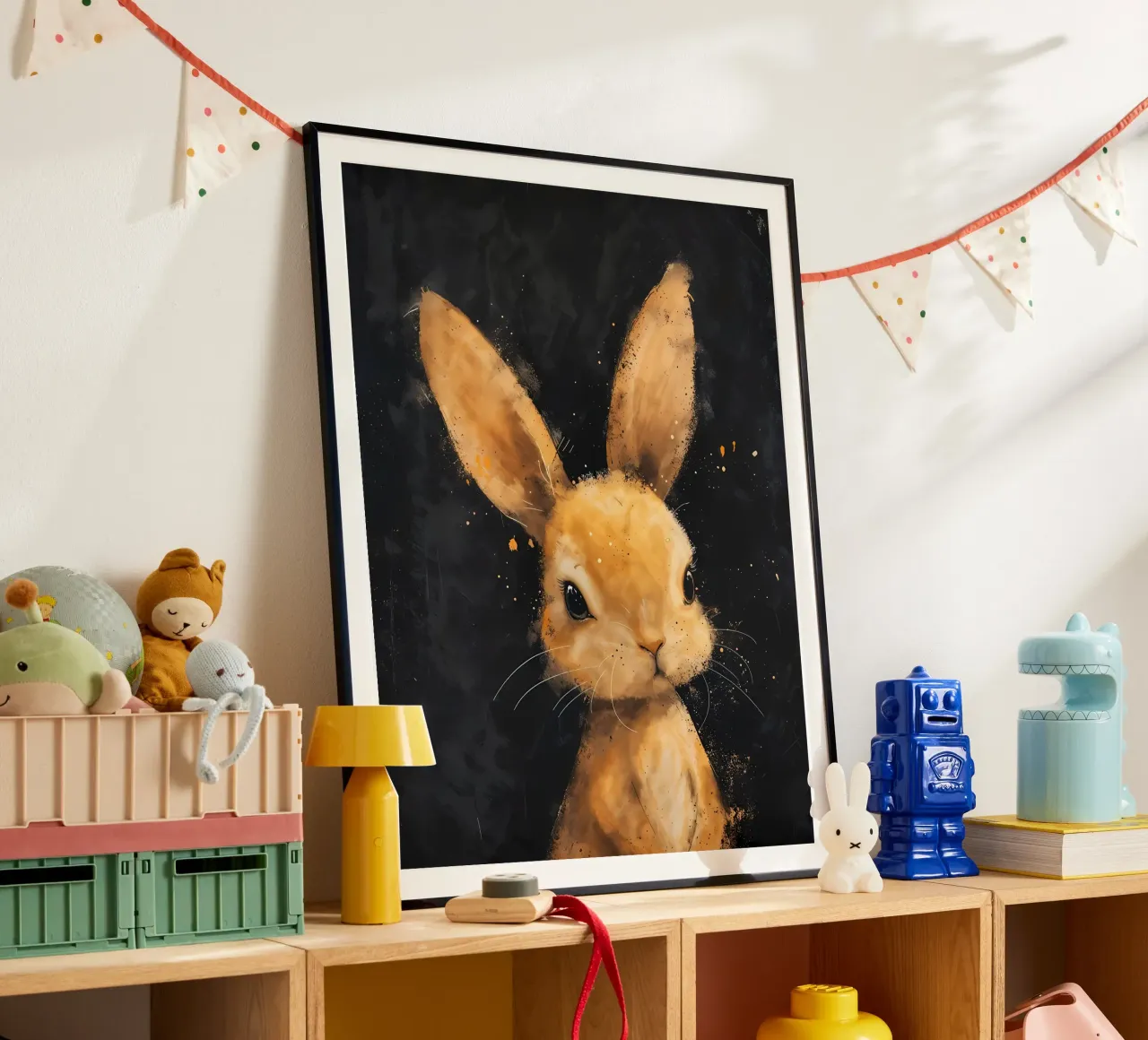 Coniglietto dallo sguardo d'oro_ Inquieto e seducente poster con telaio in plastica da Manh beo
