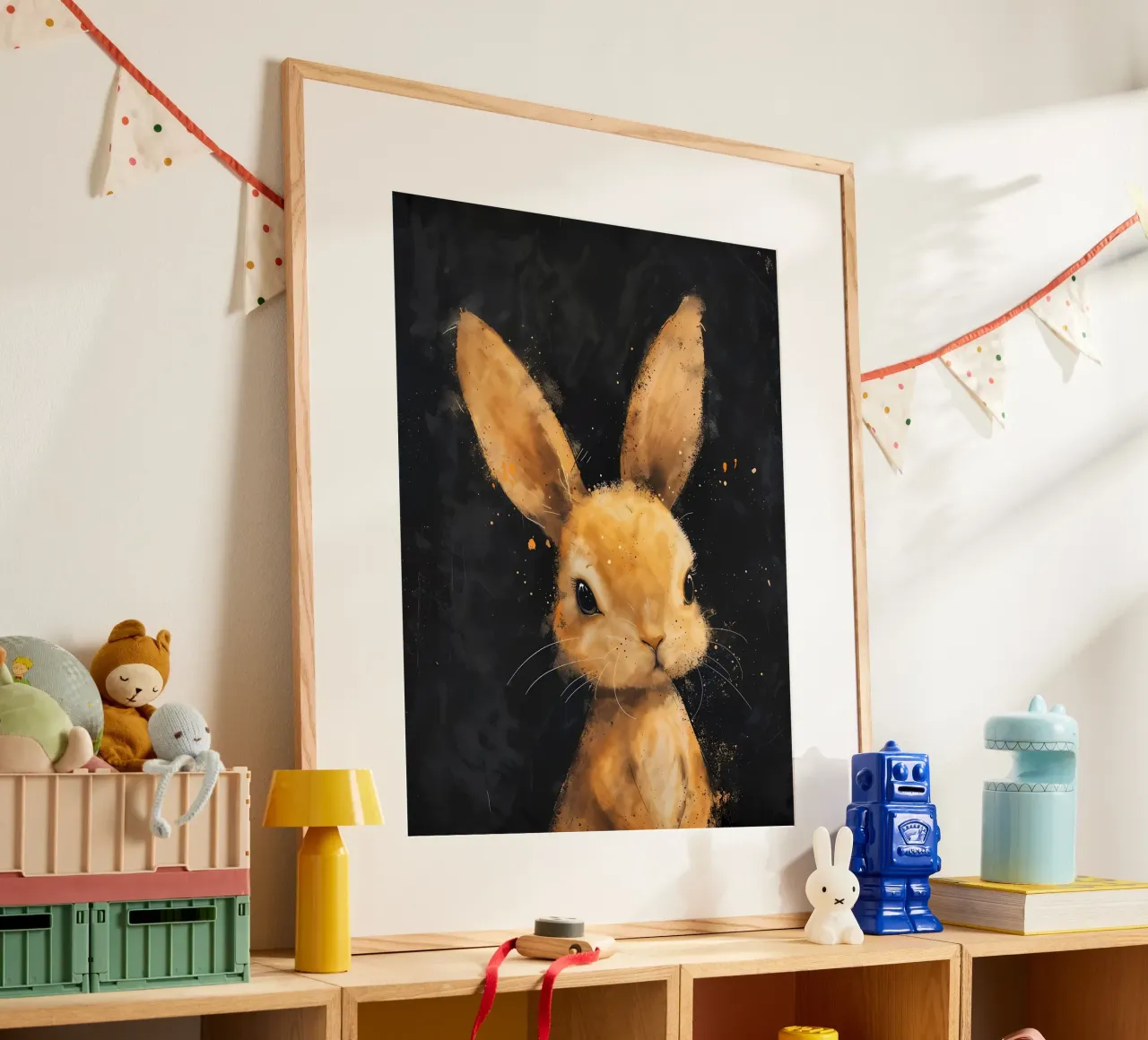 Coniglietto dallo sguardo d'oro_ Inquieto e seducente poster con telaio in plastica da Manh beo