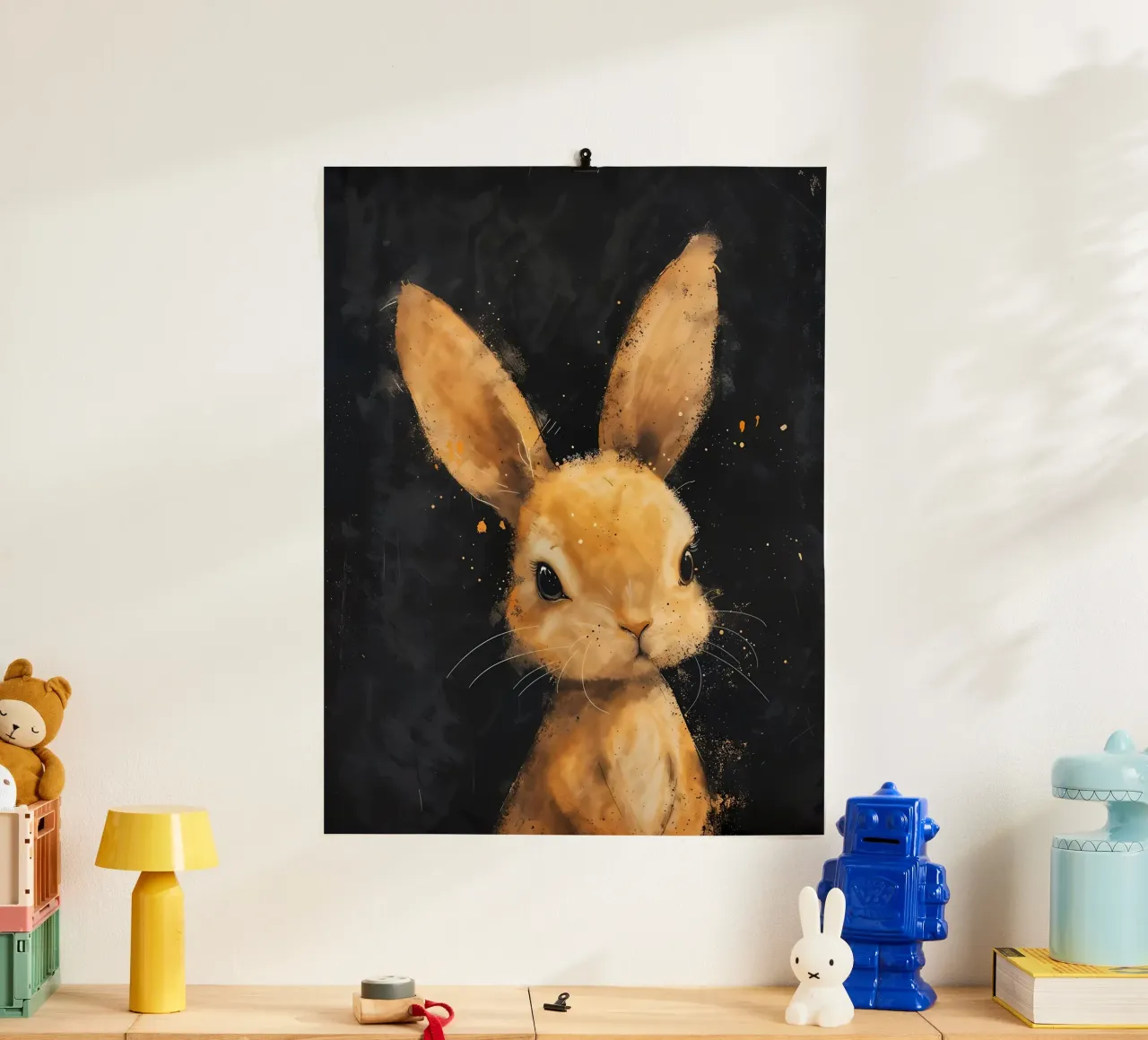 Coniglietto dallo sguardo d'oro_ Inquieto e seducente poster con telaio in plastica da Manh beo