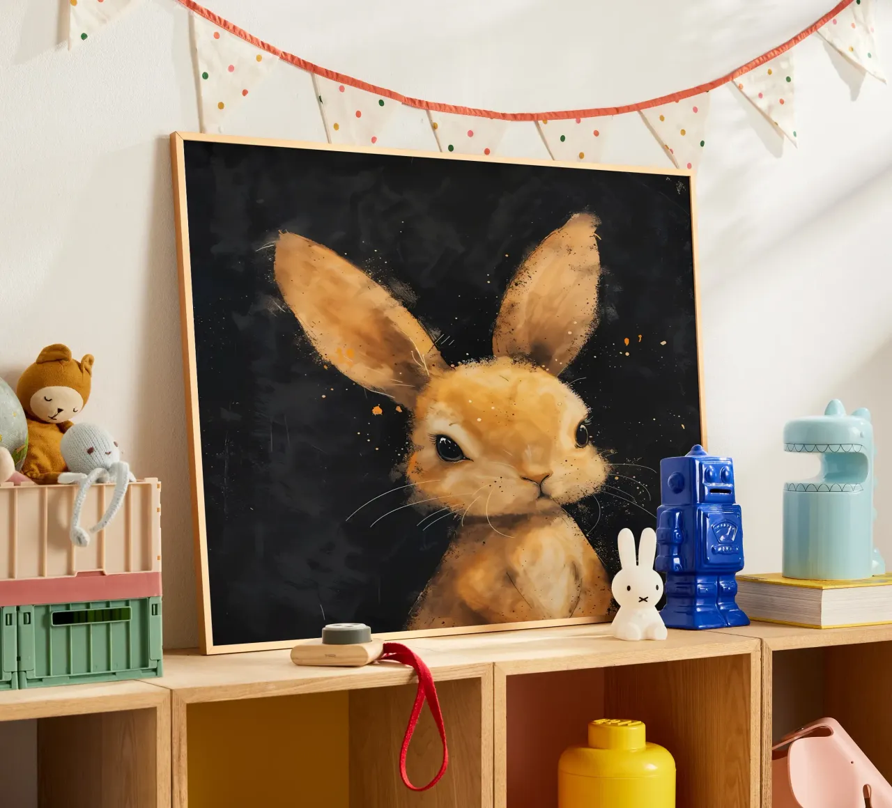 Coniglietto dallo sguardo d'oro_ Inquieto e seducente poster con telaio in plastica da Manh beo