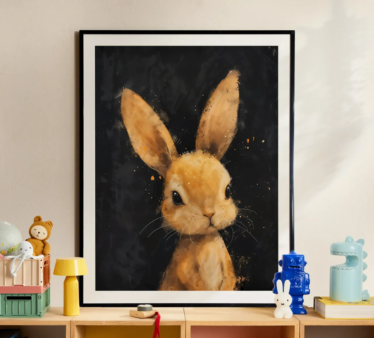 Coniglietto dallo sguardo d'oro_ Inquieto e seducente poster con telaio in plastica da Manh beo
