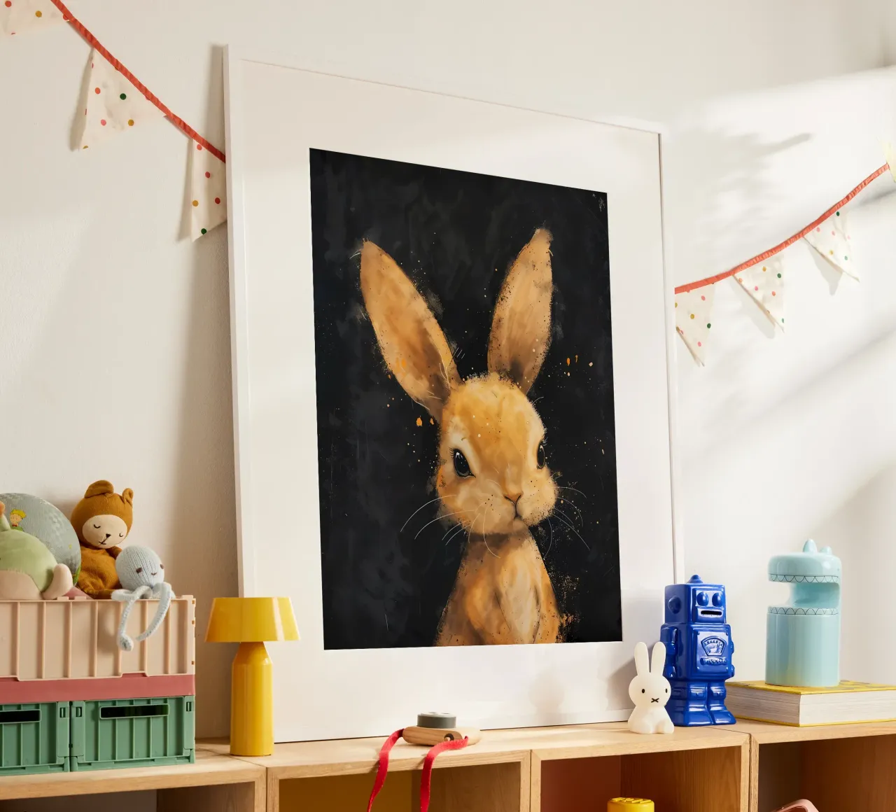 Coniglietto dallo sguardo d'oro_ Inquieto e seducente poster con telaio in plastica da Manh beo
