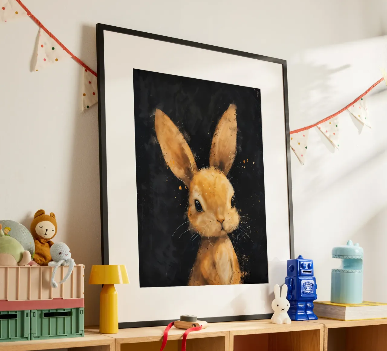 Coniglietto dallo sguardo d'oro_ Inquieto e seducente poster con telaio in plastica da Manh beo