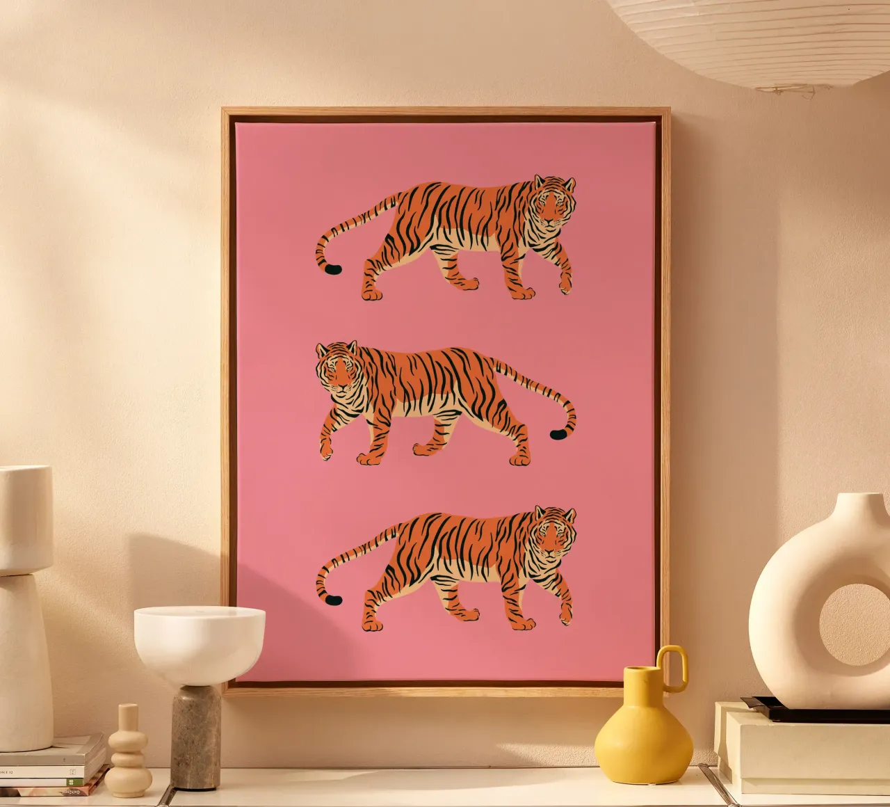 Tijgers op Roze - Stijlvolle wanddecoratie met dierenmotief canvas met Baklijst van Studio Mooodz