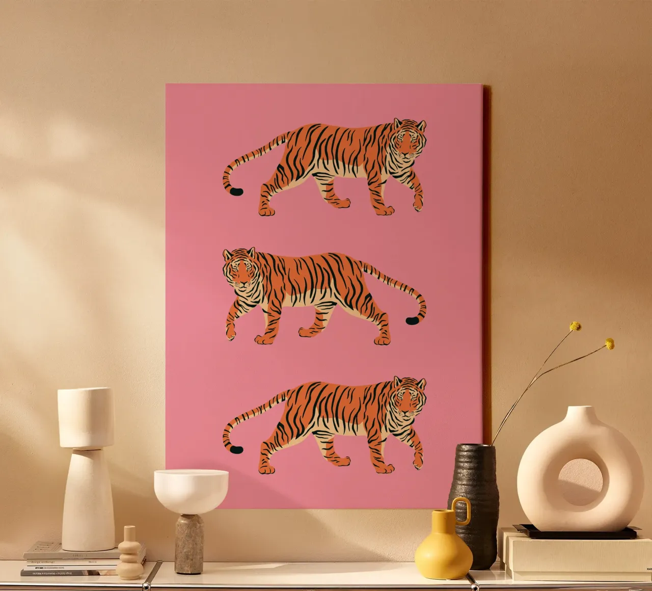 Tijgers op Roze - Stijlvolle wanddecoratie met dierenmotief canvas met Baklijst van Studio Mooodz