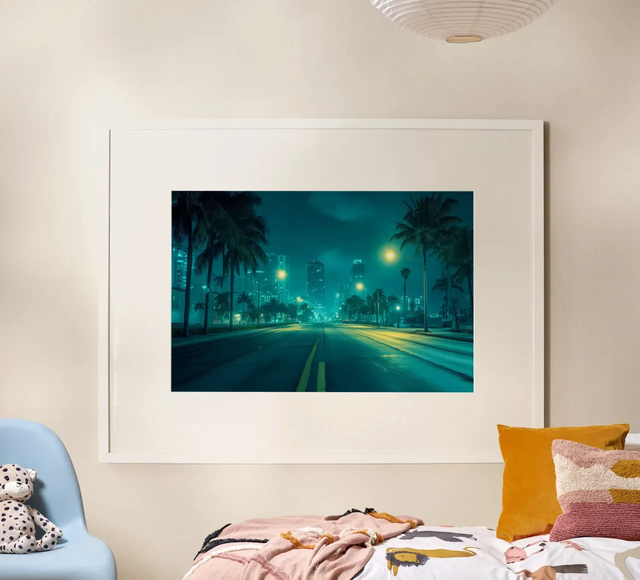 Miami by night: palm trees and the illuminated skyline poster with plastic frame by By Night
