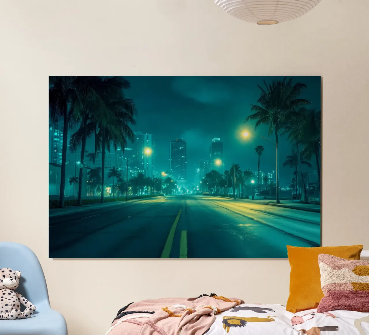 Miami by night: palm trees and the illuminated skyline poster with plastic frame by By Night