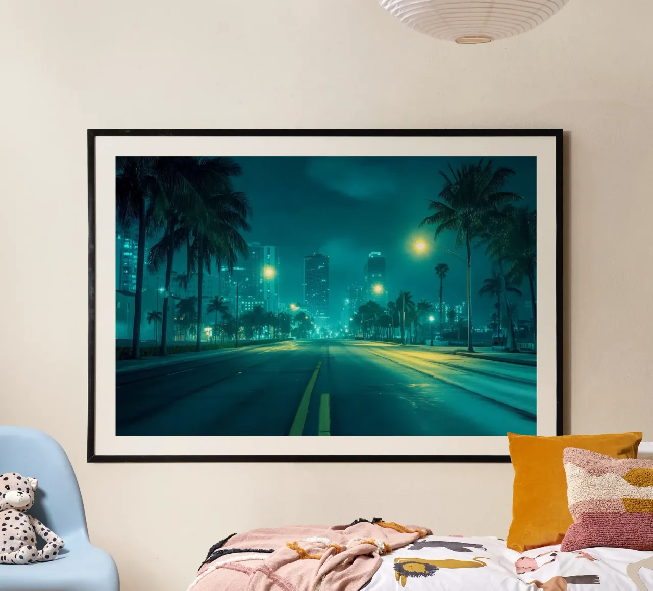Miami by night: palm trees and the illuminated skyline poster with plastic frame by By Night
