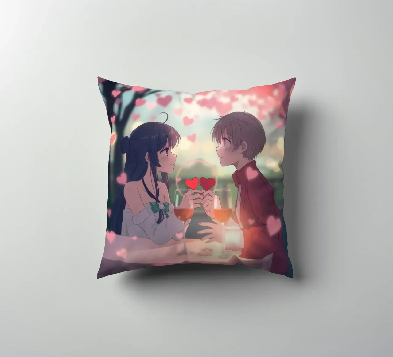Coppia che si gode una cena romantica sotto i ciliegi in fiore cuscino da DesignDoodle