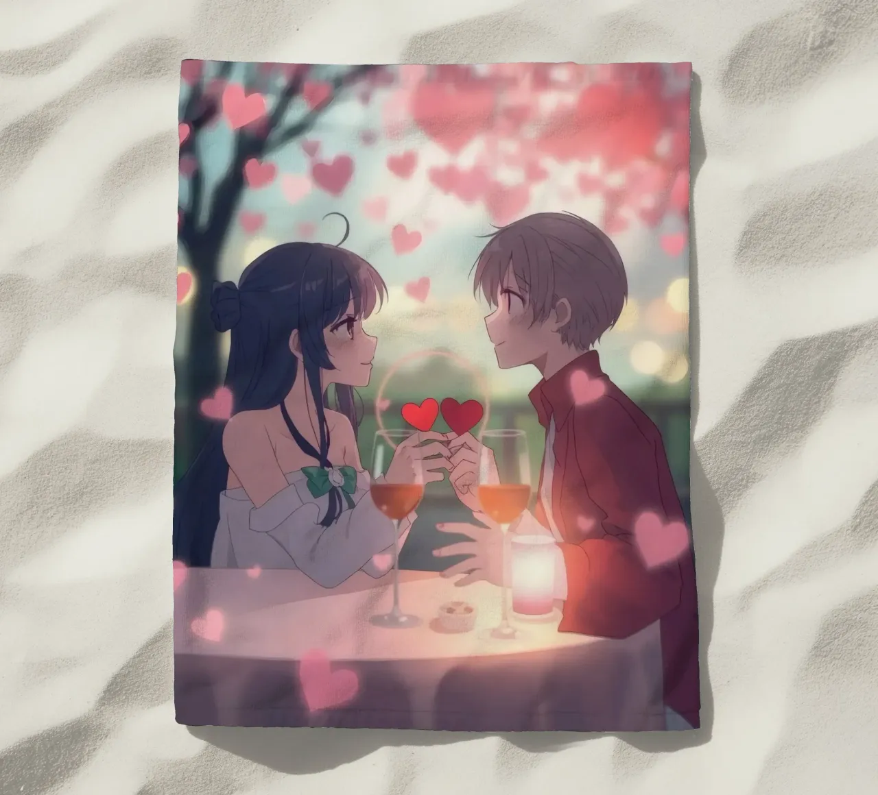 Coppia che si gode una cena romantica sotto i ciliegi in fiore telo mare da DesignDoodle