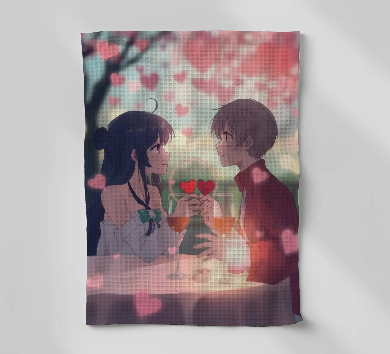 Couple enjoying a romantic dinner under cherry blossom trees tea towel by DesignDoodle