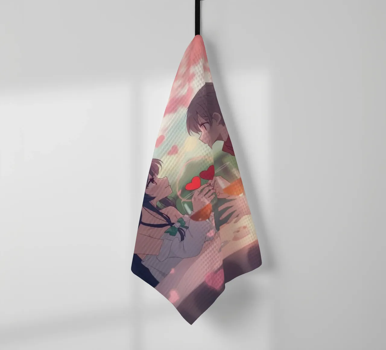 Couple enjoying a romantic dinner under cherry blossom trees tea towel by DesignDoodle