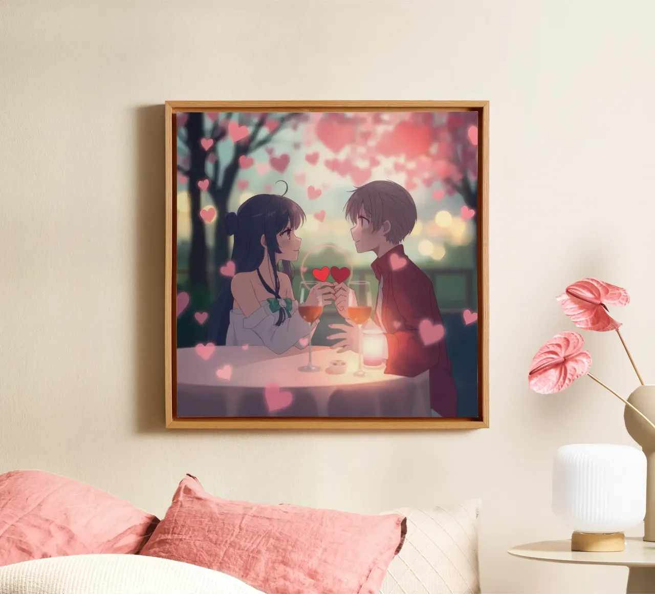 Paar genietend van een romantisch diner onder kersenbloesembomen canvas van DesignDoodle