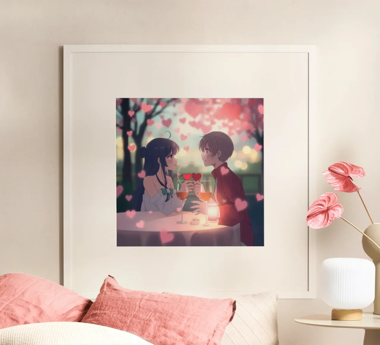 Coppia che si gode una cena romantica sotto i ciliegi in fiore poster con telaio in alluminio da DesignDoodle