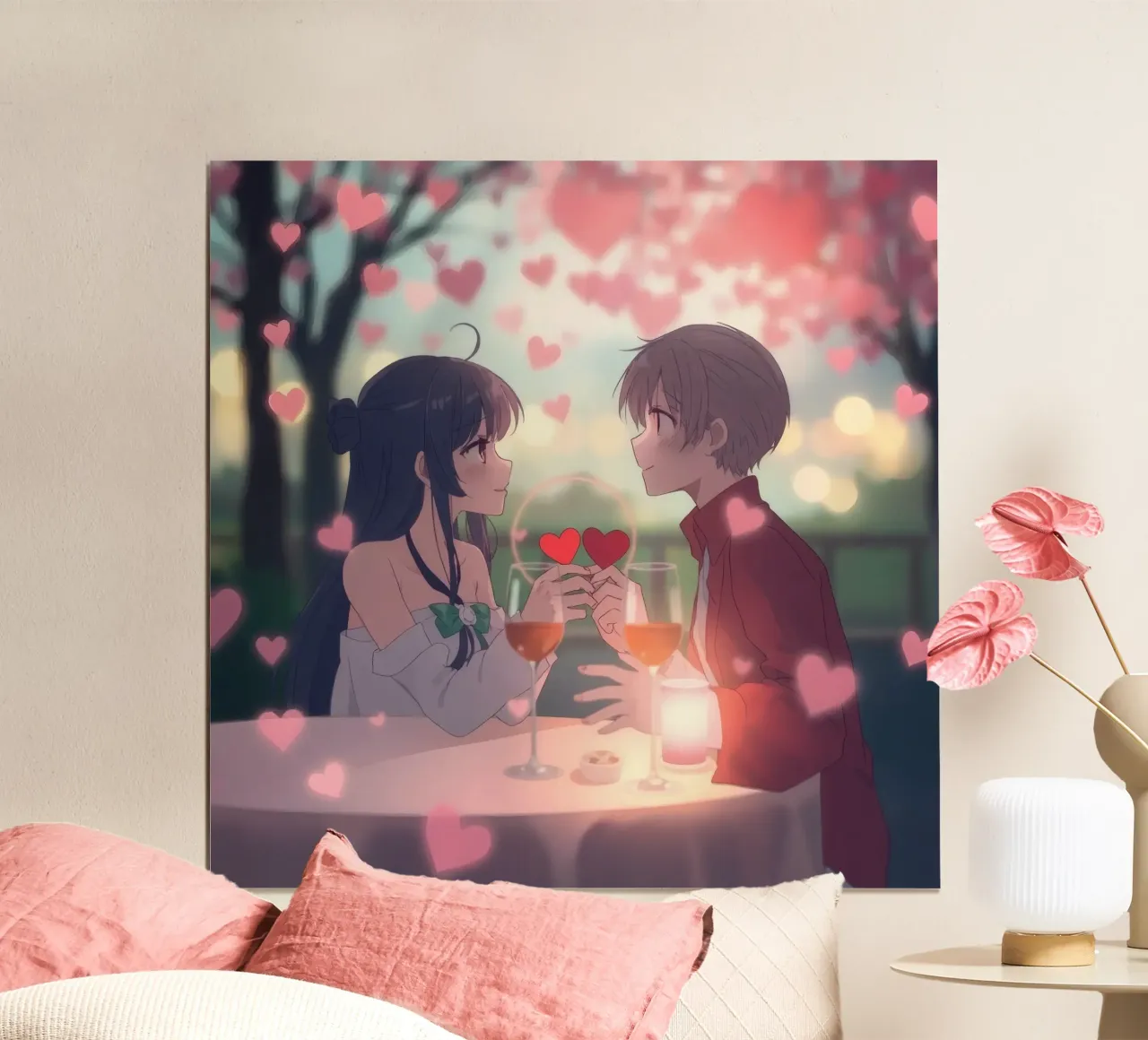 Coppia che si gode una cena romantica sotto i ciliegi in fiore poster con telaio in alluminio da DesignDoodle