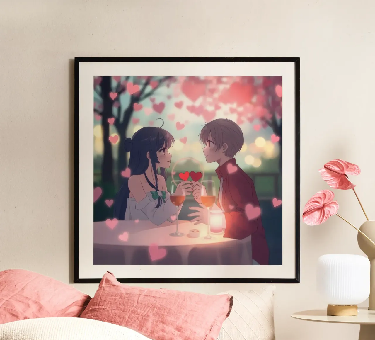 Coppia che si gode una cena romantica sotto i ciliegi in fiore poster con telaio in alluminio da DesignDoodle