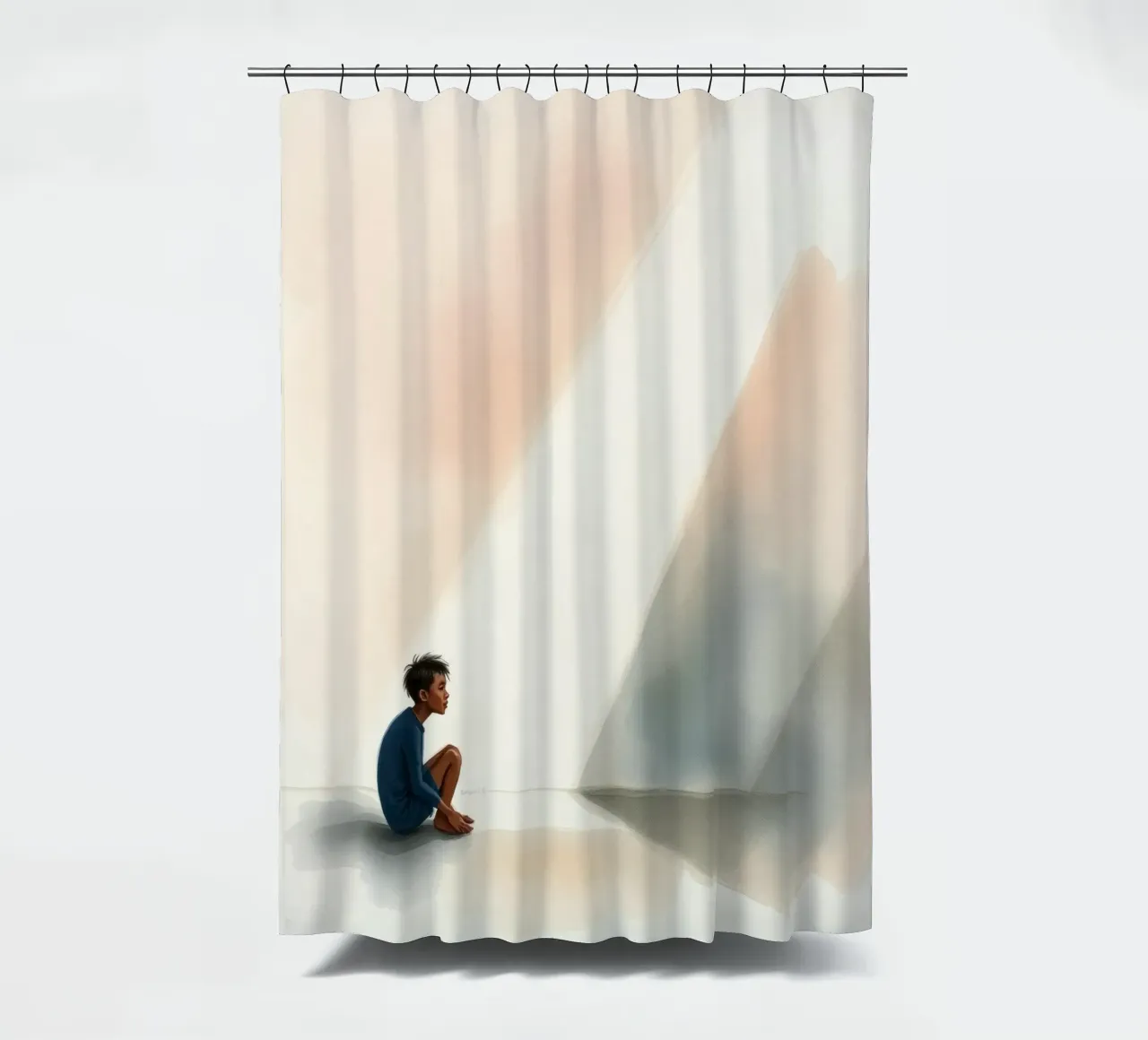 Junge sitzt in stiller Kontemplation, während Licht auf ihn fällt Duschvorhang von DesignDoodle