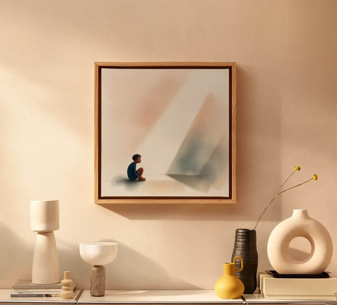 Junge sitzt in stiller Kontemplation, während Licht auf ihn fällt Leinwand mit Schattenfugenrahmen von DesignDoodle