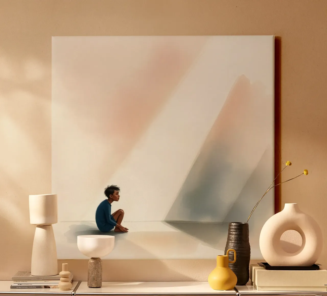 Junge sitzt in stiller Kontemplation, während Licht auf ihn fällt Leinwand mit Schattenfugenrahmen von DesignDoodle