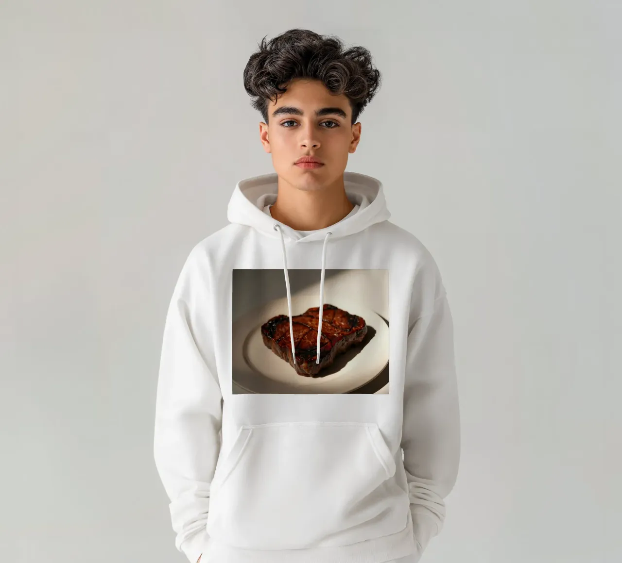 Bistecca perfettamente grigliata servita su un semplice piatto bianco felpa con cappuccio da DesignDoodle